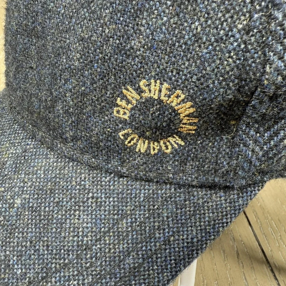 Ben Sherman Hat Cap Strap‎ Back Gray Blue Tweed Herringbone Leather Strap Mens